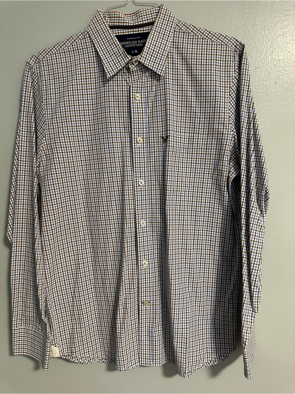 American Eagle Outfitters Men's Blue/ Brown Micro Check Button-Down Shirt Size L